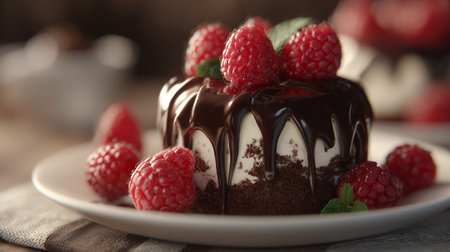 Delicious Mini Chocolate Cake Topped with Raspberries on a Plateの素材
