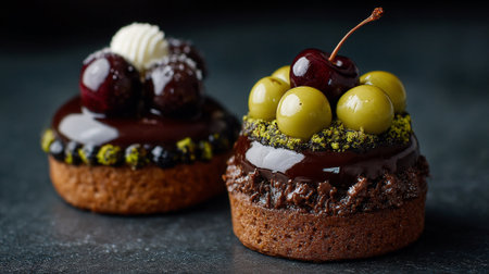 Elegant Chocolate Cherry Tarts with Glaze and Delicious Green Accentsの素材