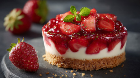 Strawberry cheesecake delight topped with fresh mint, a delicious dessertの素材