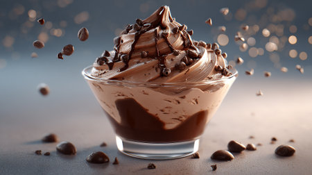 Decadent chocolate dessert parfait with dripping fudge and scattered coffee beansの素材