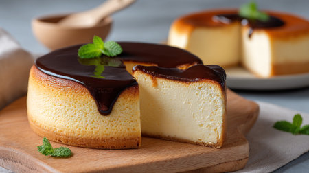 Chocolate-Topped Cheesecake with Fresh Mint Sprigs on a Wooden Boardの素材