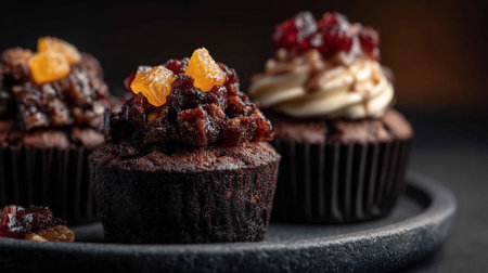 Delicious Chocolate Cupcakes Topped with Dried Fruit and Cream Cheese Frostingの素材