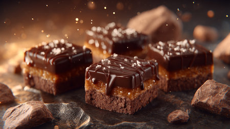 Decadent salted caramel brownies with dripping chocolate presented beautifully.の素材