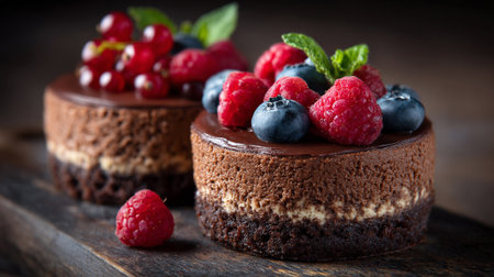 Delicious chocolate mini cakes garnished with fresh berries and mint leaves.の素材