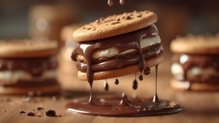 Decadent chocolate marshmallow sandwiches with melted chocolate pouring over cookies.の素材
