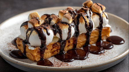 Delectable French Toast Dessert Topped with Marshmallows and Chocolate Syrupの素材