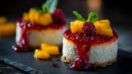 Miniature Cheesecakes with Raspberry Topping and Mango Slices on Dark Backgroundの素材