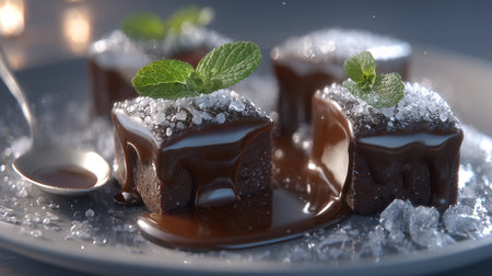 Delectable chocolate brownies drizzled with fudge and topped with mintの素材