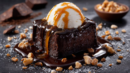 Decadent Chocolate Brownie Sundae with Caramel Drizzle and Toffee Bitsの素材