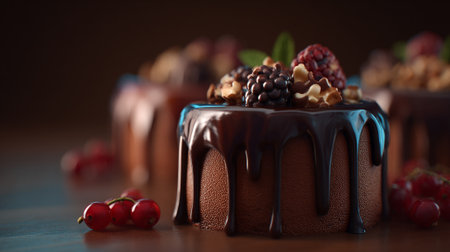 Decadent Chocolate Cakes with Berries and Walnuts on Dark Backgroundの素材