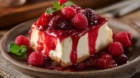 Decadent raspberry cheesecake slice drizzled with sweet fruit sauce and fresh mint.の素材