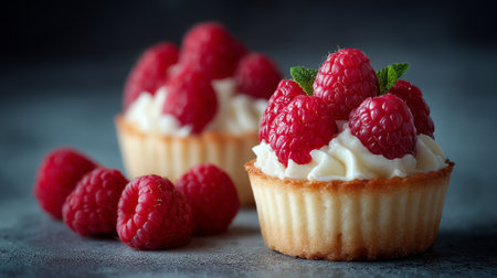 Delicious raspberry tarts with creamy filling on a moody surfaceの素材