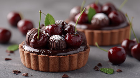 Delicious cherry tarts with rich chocolate ganache on gray backgroundの素材