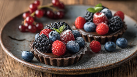 Exquisite Berry Tarts: A Tempting Dessert Platter on Rustic Woodの素材