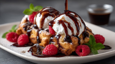 Delectable dessert waffles topped with ice cream, drizzled chocolate, and raspberries.の素材