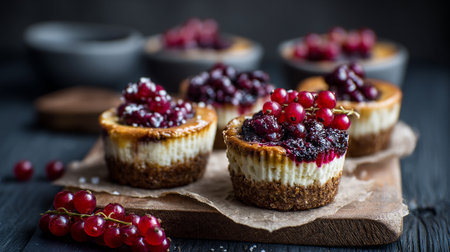 Delicious mini cheesecakes with berry topping presented on a wooden boardの素材