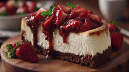 Delicious Strawberry Cheesecake with Chocolate Crust on a Wooden Boardの素材