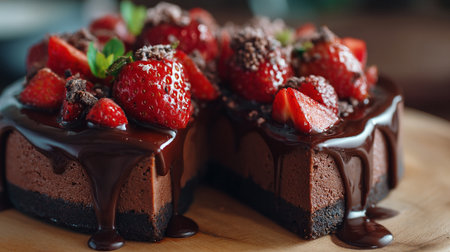 Chocolate strawberry cheesecake decadence displayed, delicious treat ready to serveの素材