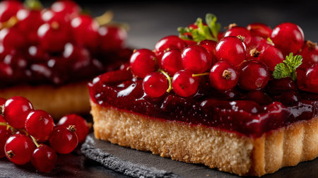 Delicious red currant tartlets with fresh mint on slate platter.の素材