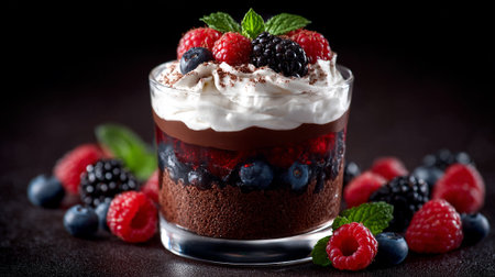 Delicious Layered Dessert with Fresh Berries and Creamy Chocolateの素材