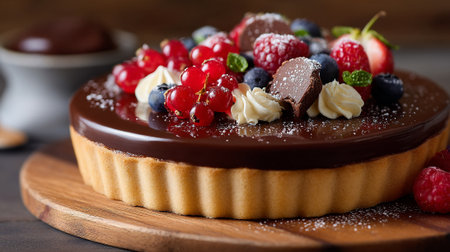 Delicious Chocolate Tart Topped With Fresh Berries and Creamの素材