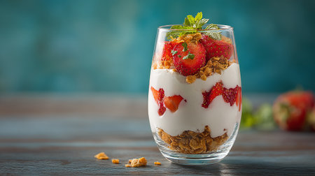 Strawberry parfait: delicious and healthy breakfast dessert in a glassの素材