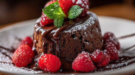 Decadent Chocolate Lava Cake with Fresh Raspberries and Mint Garnishmentの素材