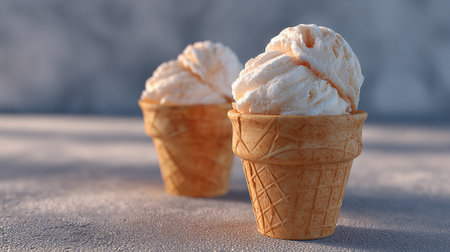 Delicious Vanilla Ice Cream Cones on a Textured Surfaceの素材