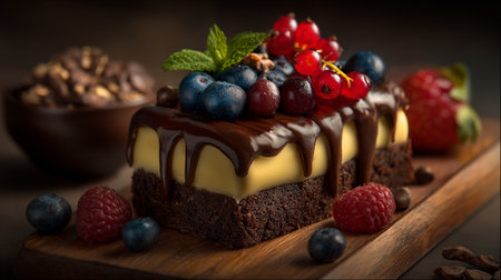 Delicious Brownie Dessert Topped with Berries and Chocolate Drizzleの素材