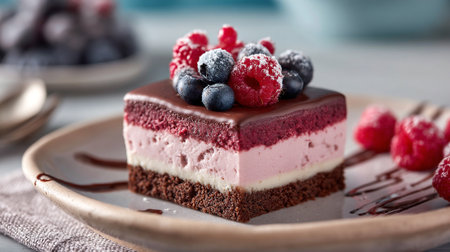 Delicious Mixed Berry Cake with Chocolate Glaze on Rustic Plateの素材