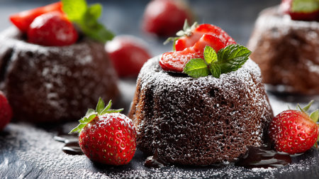 Delicious chocolate lava cakes adorned with fresh strawberries and mintの素材