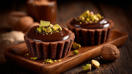 Delicious chocolate tarts with pistachios on a rustic wooden surfaceの素材
