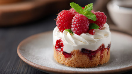 Exquisite Raspberry Dessert: Delicious Cake with Fresh Berries and Mintの素材