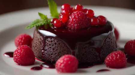Decadent chocolate cake with red berries and a mint leaf garnishの素材