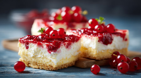 Delicious red currant cheesecake squares on a rustic blue surfaceの素材