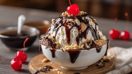 Decadent ice cream sundae with chocolate sauce and a cherryの素材