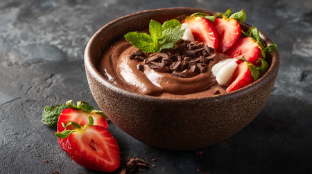 Decadent chocolate mousse dessert bowl with fresh strawberries and mintの素材