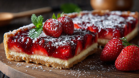 Delicious strawberry tart slice topped with fresh berries and powdered sugarの素材