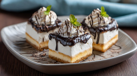 Decadent Dessert: Mini Cheesecakes with Chocolate Drizzle and Mint Garnishの素材