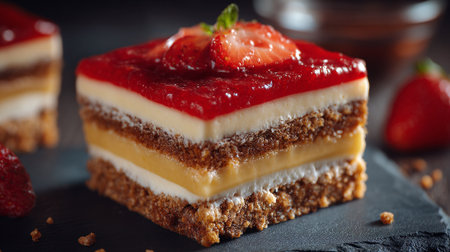 Exquisite Strawberry Layer Cake with Creamy Layers on Slate Boardの素材