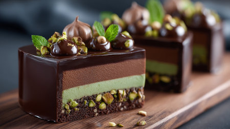 Decadent Chocolate Pistachio Layered Cakes with Mint and Hazelnuts on Woodの素材