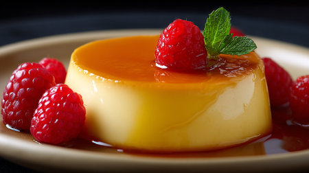 Decadent caramel custard dessert garnished with raspberries and fresh mint sprigs.の素材