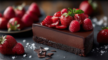 Decadent Chocolate Cake Slice Adorned with Fresh Berries and Mintの素材