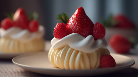 Delicious Dessert: Individual Pavlova Cakes Adorned with Fresh Strawberries and Raspberriesの素材