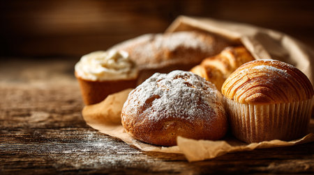 Fresh Baked Goods Still Life on Rustic Wooden Table Backgroundの素材
