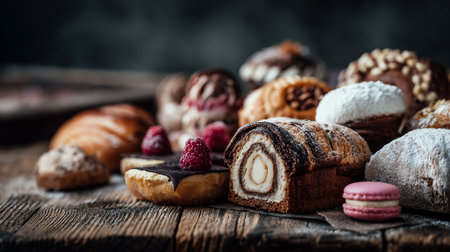 Tempting array of pastries and desserts arranged on a rustic wooden surfaceの素材