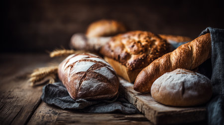 Artisan Bread Assortment Displayed on Wooden Surface with Wheat Stalksの素材