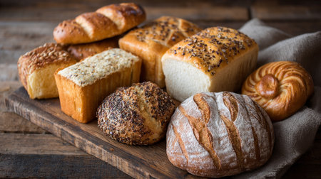Rustic Assortment of Freshly Baked Bread on Wooden Board and Linenの素材