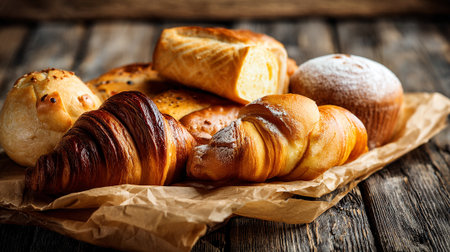 Golden Baked Goods: Croissants, Breads, and Buns on Rustic Wooden Tableの素材