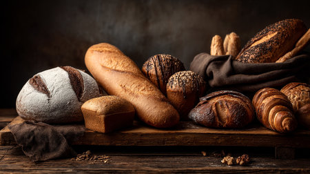 Fresh baked artisan bread assortment on a rustic wooden surface creates appealing food photography.の素材